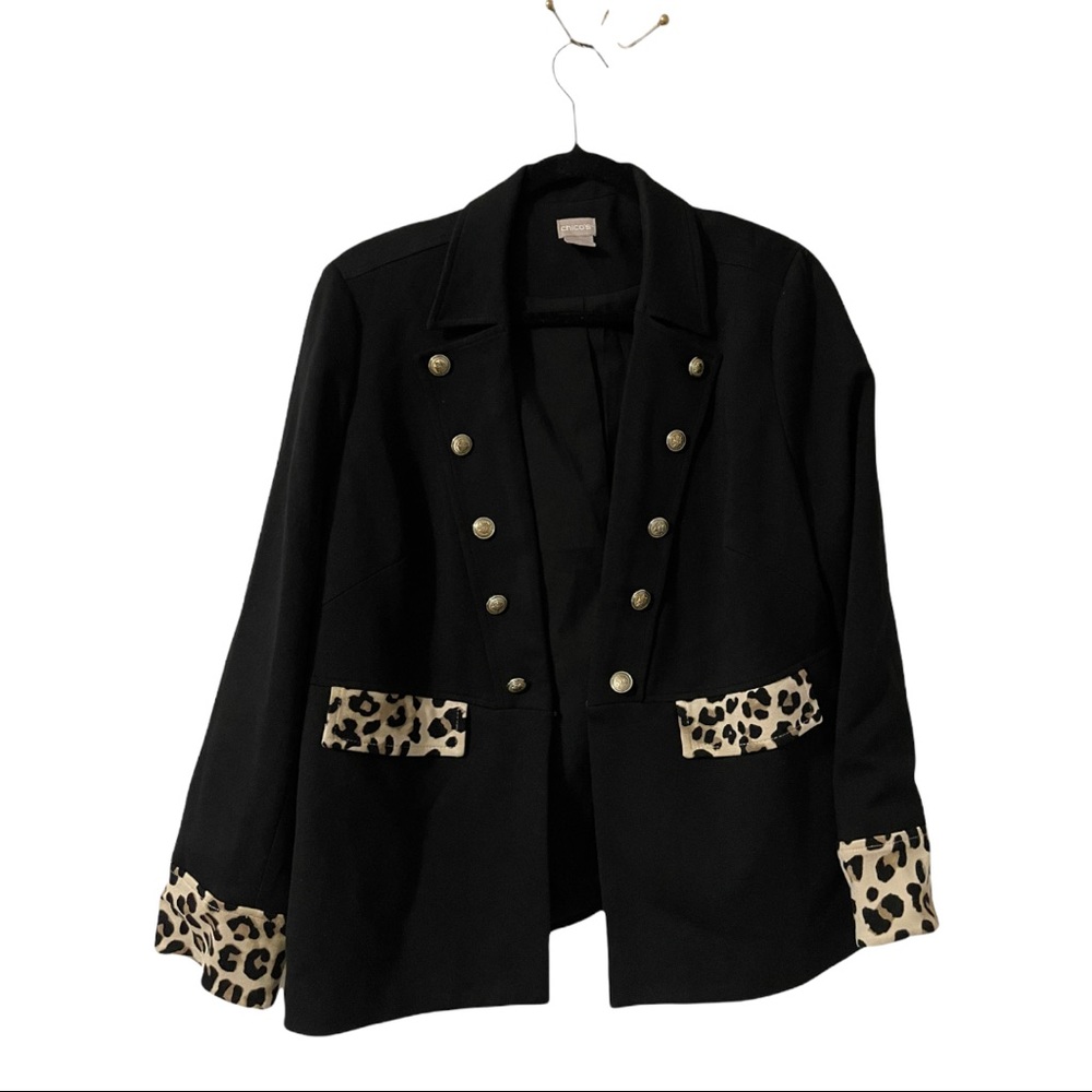 Chico's black Blazer leopard print trim hook & eye closure